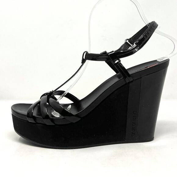 Prada Patent Leather Wedge Sandals Black Platform Heels Size 39 - Picture 1 of 7